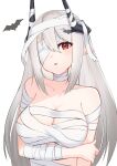  1girl absurdres arknights bandage_over_one_eye bandages bare_shoulders breasts chest_sarashi cleavage commentary_request grey_hair highres horns k@bu large_breasts long_hair looking_at_viewer mudrock_(arknights) mummy_costume parted_lips pointy_ears red_eyes sarashi simple_background solo upper_body very_long_hair white_background 
