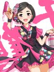  1girl :d black_hair black_skirt black_wristband blush bucket floral_print flower hair_flower hair_ornament haua highres holding holding_bucket idolmaster idolmaster_cinderella_girls looking_at_viewer matsuo_chizuru paint_can paintbrush painting_(action) pink_skirt purple_eyes short_hair skirt smile solo two-tone_skirt 