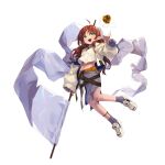  1girl apple arknights belt blush brown_hair flag food fruit full_body golden_apple green_eyes grey_socks highres holding holding_flag jacket long_hair long_sleeves myrtle_(arknights) open_clothes open_jacket open_mouth pointy_ears shoes simple_background skirt socks solo tank_top white_background white_flag white_footwear white_tank_top yachima_tana 