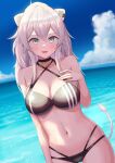  1girl :d animal_ears arm_at_side bare_arms bare_shoulders bikini black_bikini blue_sky blush breasts cleavage cloud collarbone criss-cross_halter day dutch_angle ear_piercing fang flipped_hair grey_eyes grey_hair hair_between_eyes halterneck hand_on_own_chest hand_up highres hololive horizon large_breasts lion_ears lion_girl lion_tail long_hair looking_at_viewer multi-strapped_bikini navel ocean open_mouth outdoors piercing shishiro_botan sidelighting sidelocks sky smile stomach striped sunlight swimsuit tail tail_raised typho upper_body vertical_stripes virtual_youtuber water 