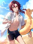  1boy blue_sky dark_red_hair food genshin_impact green_eyes hair_between_eyes highres innertube long_hair male_focus male_swimwear mole mole_under_eye multicolored_hair navel open_clothes open_shirt popsicle pponnya red_hair shikanoin_heizou shirt sky solo stomach streaked_hair swim_trunks swimsuit white_shirt 