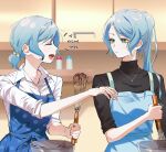  2girls absurdres apron aqua_hair bang_dream! black_sweater blue_apron blurry blurry_background blush bowl character_name closed_eyes closed_mouth collared_shirt commentary cooking cowboy_shot dress_shirt food_on_hand green_eyes hair_between_eyes highres hikawa_hina hikawa_sayo holding holding_whisk indoors jewelry korean_text long_hair long_sleeves looking_at_another medium_hair multiple_girls necklace open_mouth ponytail shirt siblings sidelocks sisters sleeves_rolled_up smile sweater translation_request turtleneck turtleneck_sweater twins whisk white_shirt zihacheol 