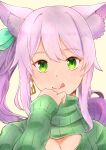  1girl :q absurdres animal_ear_fluff animal_ears bow breasts cat_ears cleavage cleavage_cutout clothing_cutout earrings extra_ears green_bow green_eyes green_sweater grey_hair hair_bow hand_up highres hizuki_miu jewelry kanata_(mugi_a) long_hair side_ponytail sidelocks simple_background sweater tongue tongue_out triangle_earrings turtleneck turtleneck_sweater virtual_youtuber wactor_production white_background 