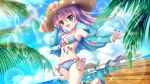  1girl :d bikini blue_bikini blue_eyes blue_footwear blue_hoodie blue_sky blurry blurry_foreground bow breasts cleavage cloud collarbone day dot_nose dutch_angle fang film_grain flip-flops floral_print flower front-tie_bikini_top front-tie_top game_cg hand_in_own_hair hat hat_flower hibiscus hood hoodie horizon house izumi_tsubasu lens_flare long_hair navel non-circular_lens_flare non-web_source ocean official_art open_clothes open_hoodie open_mouth outdoors outstretched_arm pier pink_flower polka_dot polka_dot_bikini print_bow purple_hair re:stage! sandals side-tie_bikini_bottom sky small_breasts smile solo sparkle standing standing_on_one_leg straw_hat sunlight swimsuit tsukisaka_sayu yellow_flower 