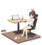  1girl animal bare_arms bare_shoulders barefoot black_shorts blush brown_eyes brown_hair camisole cat chair closed_mouth commentary_request cup disposable_cup drinking_straw food hair_ribbon hand_up hatsunatsu looking_at_viewer office_chair on_chair original ponytail red_ribbon ribbon short_shorts shorts simple_background sitting smile solo swivel_chair table watermark web_address white_background white_camisole wooden_floor 