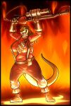  2012 abstract_background anthro big_breasts breasts brighteyes clothed clothing dreadlocks fire flamethrower fully_clothed grenade_belt grin hair herm hi_res intersex long_hair mammal mustelid neodokuro otter pyro_(team_fortress_2) raised_arms ranged_weapon smile solo suspenders team_fortress_2 valve weapon 
