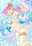 1girl air_bubble armlet artist_name belly_chain bikini blue_hair bracelet breasts bubble commentary criss-cross_halter earrings fish floating flower frilled_bikini frills gradient_hair hair_ornament halterneck head_chain highres jewelry leg_ribbon legs_up light_rays long_hair looking_at_viewer marker_(medium) medium_breasts multicolored_hair navel open_mouth original osumi_izumi pink_hair pointy_ears ribbon signature smile solo sunlight swimsuit thighlet traditional_media underwater very_long_hair w_arms water white_bikini 