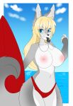  absurd_res blonde_hair blue_eyes breasts canid canine canis clothing fur grey_body grey_fur hair hi_res lifeguard long_ears long_tail mammal nipples surfboard swimwear tail water whistle wolf 