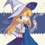  1girl ahoge ascot black_ascot blonde_hair blue_dress buttons copyright_name dress grey_headwear grey_jacket hand_on_hilt hand_up hat holding holding_test_tube jacket juliet_sleeves long_sleeves looking_at_viewer madou_monogatari open_mouth puffy_sleeves puyopuyo rakuni romaji_text sideways_glance smile smoke smug solo test_tube wing_collar witch_(puyopuyo) witch_hat 