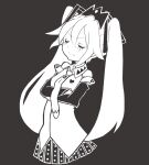  1girl bare_shoulders blush closed_eyes crossed_arms crown detached_sleeves hair_between_eyes hair_ornament hatsune_miku long_hair looking_at_viewer monochrome necktie open_mouth pleated_skirt shirt skirt sleeves_past_fingers sleeves_past_wrists solo spotted_skirt star-shaped_pupils star_(symbol) symbol-shaped_pupils tsunotsuki_(uguisu_maccha) twintails v-shaped_eyebrows very_long_hair vocaloid 