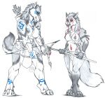  absurd_res anthro arrows bow_(weapon) canid canine canis duo feathers female fox hi_res knife lupis mammal melee_weapon paint polearm primal primitive ranged_weapon spear thehuntingwolf tribal weapon wolf 