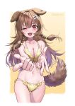  1girl absurdres animal_ears bikini blush bone_hair_ornament braid breasts brown_eyes brown_hair brown_tail cleavage curry_bowl dog_ears dog_girl dog_tail fangs hair_between_eyes hair_ornament highres hololive inugami_korone long_hair looking_at_viewer low_twin_braids navel one_eye_closed open_mouth smile solo swimsuit tail twin_braids virtual_youtuber yellow_bikini 