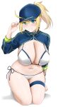  1girl absurdres ahoge arind_yudha artoria_pendragon_(fate) baseball_cap bikini blonde_hair blue_eyes blue_headwear blue_jacket blush breasts cleavage cropped_jacket fate/grand_order fate_(series) grin hair_between_eyes hair_through_headwear hat highres jacket kneeling large_breasts long_hair long_sleeves looking_at_viewer mysterious_heroine_xx_(fate) navel ponytail shrug_(clothing) sidelocks smile solo swimsuit thighs white_bikini wristband 