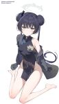  1girl bare_shoulders barefoot black_dress black_gloves black_hair blue_archive blush braid braided_bun breasts butterfly_hair_ornament china_dress chinese_clothes coat double_bun dragon_print dress gloves grey_coat grey_eyes hair_bun hair_ornament half_gloves halo highres kisaki_(blue_archive) long_hair long_sleeves looking_at_viewer off_shoulder pelvic_curtain pinstripe_pattern short_dress side_slit simao_(x_x36131422) sitting small_breasts solo striped twintails vertical-striped_coat wariza 