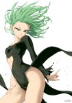  1girl absurdres artist_name black_dress breasts closed_mouth collarbone covered_navel cowboy_shot dress floating_hair forehead green_eyes green_hair groin highres one-punch_man short_hair side_slit simple_background single_bare_shoulder small_breasts smile solo stayaliveplz tatsumaki taut_clothes taut_dress thighs torn_clothes torn_dress v-shaped_eyebrows white_background 