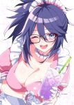  ;d alternate_costume apron blue_eyes blue_hair blush breasts choker cleavage cup dress enmaided fingerless_gloves frilled_choker frilled_sleeves frills from_above glasses gloves holding holding_cup kson large_breasts maid maid_headdress mole mole_under_eye n_gyou one_eye_closed open_mouth pink_choker pink_dress puffy_short_sleeves puffy_sleeves short_sleeves smile virtual_youtuber vshojo waist_apron waitress white_apron white_gloves wide_ponytail 