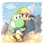  2016 blonde_hair clothing crossover duo footwear green_body hair humanoid hylian light_body light_skin male mario_bros master_sword melee_weapon nintendo open_mouth open_smile smile sword the_legend_of_zelda toon_link weapon wind_waker wusagi2 yoshi 