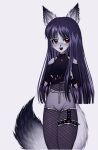  anthro big_tail bottomwear canid canine canis chippichippi clothing collar dark_hair ear_piercing female fishnet fishnet_legwear gradient_tail hair legwear long_hair mammal navel piercing red_eyes shorts solo tail wolf 