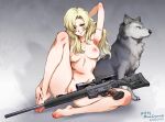  1girl arm_behind_head armpits artist_name barefoot blonde_hair blue_eyes blush breasts completely_nude dated feet green_lips gun h&amp;k_psg1 holding_own_foot knee_up legs long_hair long_legs looking_at_viewer medium_breasts metal_gear_(series) metal_gear_solid mina_cream nude puffy_nipples pussy rifle signature sniper_rifle sniper_wolf spread_legs toenails toes weapon wolf 
