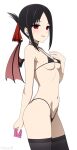  1girl absurdres bikini black_bikini black_hair black_thighhighs breasts choker condom condom_wrapper cowboy_shot demon_wings folded_ponytail highres holding holding_condom kaguya-sama_wa_kokurasetai_~tensai-tachi_no_renai_zunousen~ looking_at_viewer micro_bikini parted_lips red_eyes red_ribbon ribbon shinomiya_kaguya simple_background skindentation small_breasts solo swimsuit thighhighs white_background wings yisusjpl 