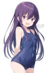  1girl akatsuki_(kancolle) arms_behind_back blue_one-piece_swimsuit covered_navel highres kantai_collection long_hair looking_at_viewer old_school_swimsuit one-piece_swimsuit purple_eyes purple_hair school_swimsuit simple_background smile solo swimsuit swimsuit_under_clothes tateishi_kureha twitter_username white_background 