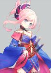  1girl blue_kimono breasts cleavage closed_mouth clothing_cutout cowboy_shot eka_eri fate/grand_order fate_(series) grey_background hair_ornament halterneck japanese_clothes kimono looking_at_viewer medium_breasts medium_hair miyamoto_musashi_(fate) miyamoto_musashi_(third_ascension)_(fate) navel_cutout pink_hair ponytail sheath sheathed simple_background smile solo sword weapon wide_sleeves 