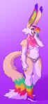  5_fingers 5_toes anthro areola big_ears breasts cheek_tuft clothed clothing facial_tuft feet female fingers fur hair hand_on_face hi_res mammal multicolored_areola multicolored_body multicolored_ears multicolored_fur multicolored_hair multicolored_nails multicolored_tail multicolored_tongue open_mouth partially_clothed purple_background rainbow_hair ringed_eyes simple_background smile solo standing tail teeth toes tongue tongue_out topwear tuft two_tone_tongue underwear unknown_species wolberdan 