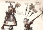 1girl armor armored_dress bandolier bayonet blonde_hair broom duster feather_duster gloves gun helmet highres ironlily leather leather_gloves maid mary_janes multiple_views musket original red_eyes sheath sheathed shoes short_twintails socks solo twintails weapon white_socks 
