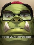  1boy absurdres bara black_hair blank_stare close-up colored_skin facial_hair glaring glasses green_skin highres i_showed_you_my_dick_please_respond_(meme) indie_virtual_youtuber looking_at_viewer male_focus mature_male meme monster_boy multicolored_hair muscular muscular_male mustache_stubble orc randon_(vtuber) ribbions_art short_hair snapchat solo sparse_stubble streaked_hair stubble super_crown thick_eyebrows tusks virtual_youtuber 