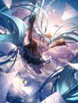  1girl absurdly_long_hair absurdres aqua_eyes aqua_hair black_sleeves blue_sky boots cloud detached_sleeves flying_paper grin hair_ornament hatsune_miku hatsune_miku_happy_16th_birthday_-dear_creators- highres long_hair paper sky smile solo thigh_boots twintails very_long_hair vocaloid yuzuha_wasa 