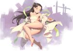  1girl barefoot bigrbear black_hair bottomless breasts brown_eyes dress earrings food jewelry long_hair looking_at_viewer medium_breasts open_clothes original pelvic_curtain pussy solo uncensored 