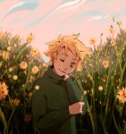  1boy blonde_hair flower green_eyes highres looking_at_viewer solo south_park starglowsbright sweater turtleneck turtleneck_sweater tweek_tweak 