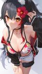  1girl animal_ears arm_up armpits bare_shoulders bikini black_choker black_hair black_jacket breasts choker cleavage cowboy_shot flower front-tie_bikini_top front-tie_top hair_flower hair_ornament halterneck hand_on_own_thigh hololive izumi_sai jacket leaf_print leaning_forward long_hair long_sleeves looking_at_viewer maple_leaf_print medium_breasts multicolored_hair navel off_shoulder ookami_mio open_clothes open_fly open_jacket orange_eyes ponytail short_shorts shorts side-tie_bikini_bottom sidelocks smile solo standing stomach streaked_hair string_bikini swimsuit tail thigh_strap thighs virtual_youtuber white_bikini white_shorts wolf_ears wolf_girl wolf_tail 