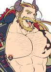  1boy abs arm_tattoo bara bare_pectorals beard bergamond_(crave_saga) chest_hair chest_tattoo collarbone crave_saga demon_horns eyebrow_cut facial_hair fangs fur-trimmed_jacket fur_trim horns jacket jewelry large_pectorals long_hair looking_at_viewer male_focus masa_(mshk_s) mature_male multicolored_hair muscular muscular_male nipple_piercing official_alternate_costume open_clothes open_jacket pectorals piercing ponytail purple_eyes purple_hair simple_background slit_pupils smile solo tattoo thick_eyebrows thick_mustache tongue tongue_out twitter_username two-tone_hair white_background 