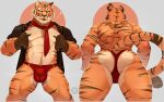 1boy abs absurdres animal_ears ass bara bikini_briefs bulge covered_penis fortnite from_below furry furry_male highres jackaljumpy large_pectorals looking_at_viewer male_focus male_underwear mature_male muscular muscular_male orange_fur oscar_(fortnite) pectorals red_male_underwear short_hair stomach tail thick_eyebrows thick_navel_hair thick_thighs thighs thong tiger_boy tiger_ears tiger_tail topless_male underwear undressing white_fur 