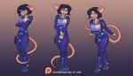  anthro breasts catsuit_(disambiguation) clothed clothing crossed_arms dark_hair digital_media_(artwork) eyewear female glasses holster law_of_love mammal mouse murid murine patreon patreon_logo police police_badge police_uniform purple_eyes reaper3d roddy_(law_of_love) rodent simple_background smile solo tail tight_clothing uniform 