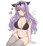  1girl bare_arms bare_shoulders black_bra black_panties bra camilla_(fire_emblem) fire_emblem fire_emblem_fates grey_thighhighs highres long_hair navel panties purple_eyes purple_hair purrlucii simple_background solo stomach thighhighs thighs tiara underwear underwear_only very_long_hair white_background 