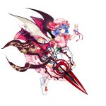  1girl ascot bat_wings blue_hair full_body game_cg hat hat_ribbon highres holding holding_weapon looking_at_viewer mob_cap pink_headwear pink_shirt pink_skirt pointy_ears red_ascot red_eyes red_ribbon remilia_scarlet remilia_scarlet_(the_heat_of_my_fingertips) ribbon ribbon-trimmed_skirt ribbon_trim rotte_(1109) shirt short_hair simple_background skirt solo third-party_source touhou touhou_lost_word weapon white_background white_footwear wings wrist_cuffs 