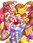  1girl angel armor clenched_hand covered_eyes digimon digimon_(creature) fingerless_gloves gloves helmet_over_eyes highres laser_(akirawai) long_hair lovelyangemon mask orange_hair pink_gloves solo twintails upper_body 