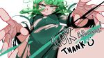  1girl breasts dress from_below green_dress green_eyes green_hair highres long_sleeves looking_at_viewer medium_hair milestone_celebration one-punch_man short_hair small_breasts smile tatsumaki tngkbmarlon torn_clothes torn_dress white_background 