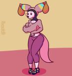  absurd_res anthro big_breasts big_butt bottomwear breast_expansion breasts butt canid canine canis clothing confusion domestic_dog expansion female hi_res holding_breast huge_breasts husky mammal nokamiwd nordic_sled_dog pants simple_background solo spitz thick_thighs yoga_pants 