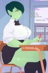  big_breasts bottomwear breasts clothing dialogue female green_body green_skin hi_res humanoid not_furry orc roumgu sitting skirt solo thick_thighs 