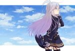  1girl 86_-eightysix- belt black_thighhighs blue_dress blue_eyes blue_sky closed_mouth cloud cloudy_sky cowboy_shot day dress from_side garter_straps gloves grey_hair hand_in_own_hair highres kamille_(vcx68) light_frown long_hair long_sleeves looking_to_the_side military_uniform outdoors outside_border short_dress sky solo standing thighhighs uniform vladilena_millize white_belt white_gloves 