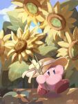  :o blue_eyes blue_sky blush_stickers bow cloud colored_skin commentary_request day flower hand_on_headwear hat hat_bow highres holding holding_flower kirby kirby_(series) leaf looking_ahead misodo no_humans outdoors oversized_flower parted_lips pink_skin red_footwear shoes sky solo sun_hat sunflower walking yellow_bow yellow_flower yellow_headwear 