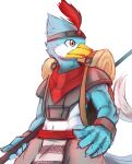  absurd_res anthro armor avian backpack beak blue_body clothed clothing glistening glistening_eyes hi_res kerchief kuttoyaki male mouth_closed navel neckerchief orange_eyes red_kerchief red_neckerchief simple_background solo white_background white_body yellow_beak 