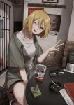  1girl :d absurdres alcohol ashtray blonde_hair blue_eyes cigarette cigarette_pack eyewear_removed highres indoors jewelry lighter mole mole_under_eye necklace one_eye_closed original sake short_hair sitting smile solo tabao v 