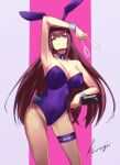  1girl animal_ears arm_up armpits bottle breasts cleavage cup drinking_glass fake_animal_ears fate/grand_order fate_(series) fishnet_pantyhose fishnets highres holding holding_bottle holding_cup kibou large_breasts long_hair looking_at_viewer pantyhose playboy_bunny purple_eyes purple_hair rabbit_ears scathach_(fate) scathach_(piercing_bunny)_(fate) smile solo_focus wine_bottle wine_glass wrist_cuffs 