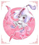  alternate_color alternate_costume circle colored_pencil_(medium) creature facial_mark jiangshi jirachi kokyuuki_(6345) light_frown no_humans ofuda ofuda_on_head pokemon pokemon_(creature) red_eyes stitched_torso stitches tassel torn_clothes traditional_media white_background 