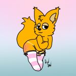  1:1 2023 anthro balls big_ears big_eyes big_tail canid canine clothed clothing crossdressing crossed_arms curvy_male erection fan_character fox fur genitals girly gradient_background hi_res jun_jun jun_jun_(character) legwear lycalopex male male/male mammal orange_body orange_fur pampas_fox partially_clothed penis simple_background simple_eyes smile solo submissive tail tigh_highs toony young 