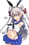  1girl amatsukaze_(kancolle) black_hairband black_neckerchief black_panties blue_sailor_collar blue_skirt blush brown_eyes commentary_request cosplay crop_top elbow_gloves gloves grey_hair hair_tubes hairband highleg highleg_panties highres kantai_collection long_hair looking_at_viewer microskirt montemasa navel neckerchief open_mouth panties sailor_collar shimakaze_(kancolle) shimakaze_(kancolle)_(cosplay) skirt solo striped striped_thighhighs thighhighs two_side_up underwear white_gloves 
